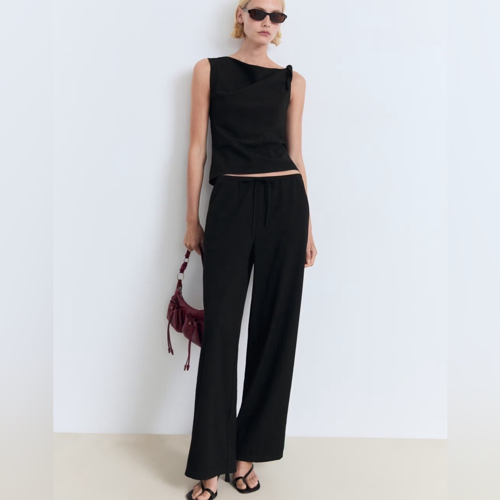 Mango Black Drawstring Trousers Women Size Small NWT Elastic Waist Relaxed Pants